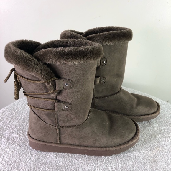 pop Shoes - POP women’s memory foam mid calf faux fur lined pull on boots Sz 7M tie detail